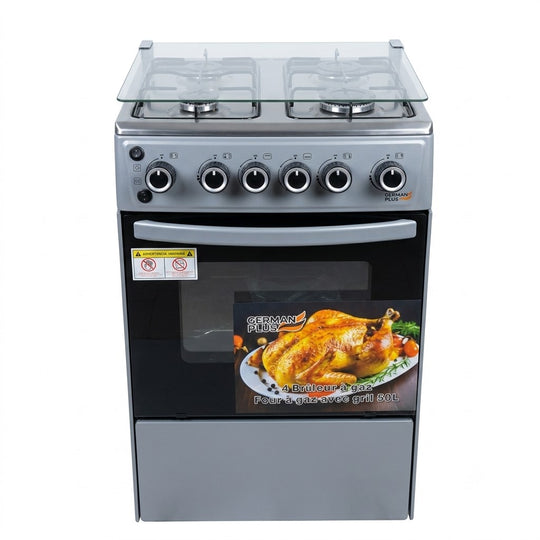German Plus 4-Burner Gas Cooker with 50L Oven - Silver