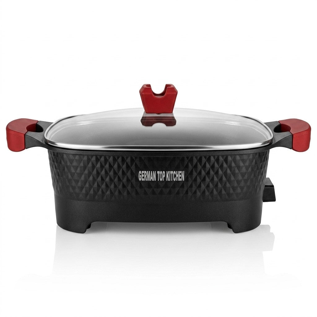 12L multipurpose cooker for frying, roasting, steaming, and more.
