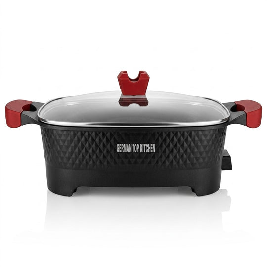 12L multipurpose cooker for frying, roasting, steaming, and more.