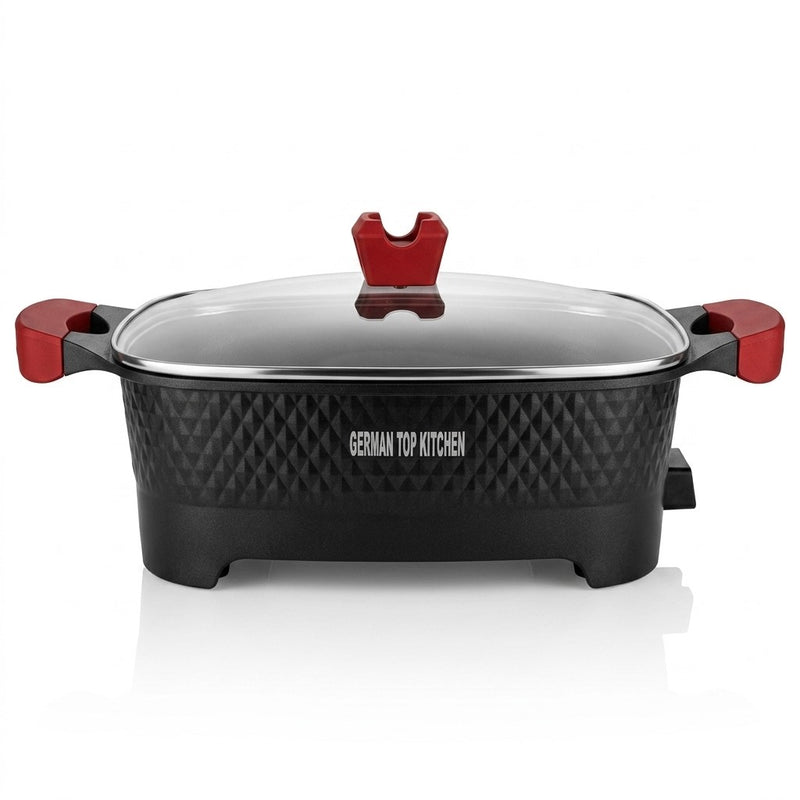 12L multipurpose cooker for frying, roasting, steaming, and more.